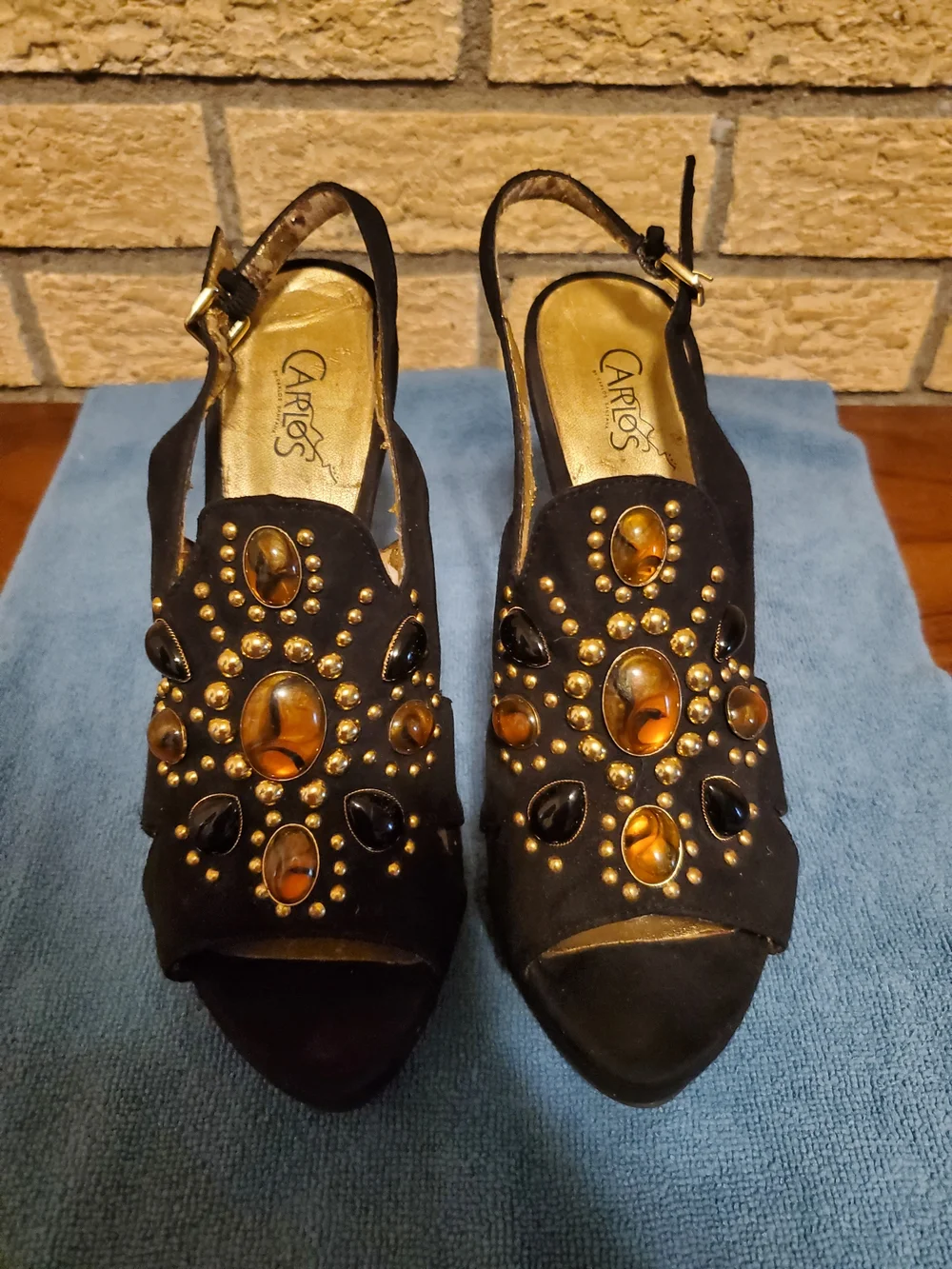 Carlos by Carlos Santana Black Suede Slingback Heels with Amber and Black Jewels